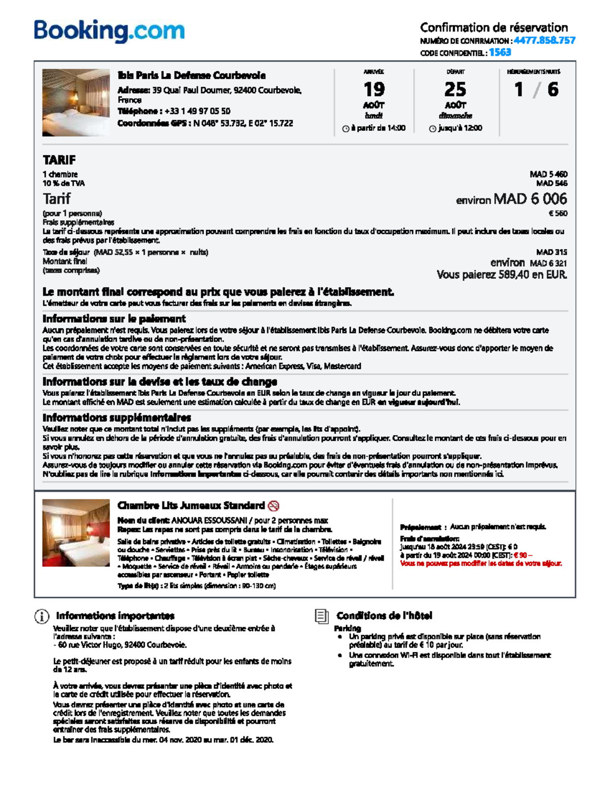 Reservation Hotel sdzdf Booking Confirmation de réservation NUMÉRO DE CONFIRMATION 4477.858