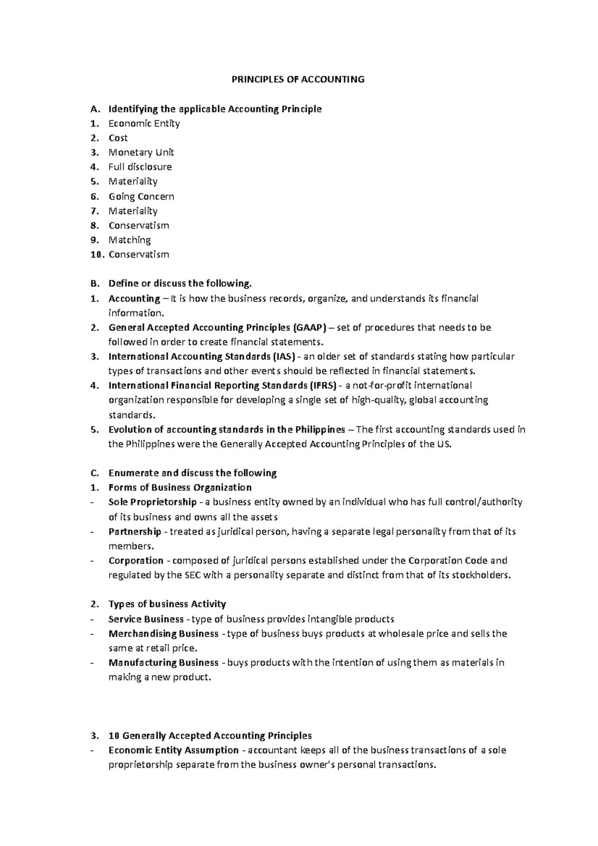 POA MODULE ACTIVITY - PRINCIPLES OF ACCOUNTING A. Identifying the ...