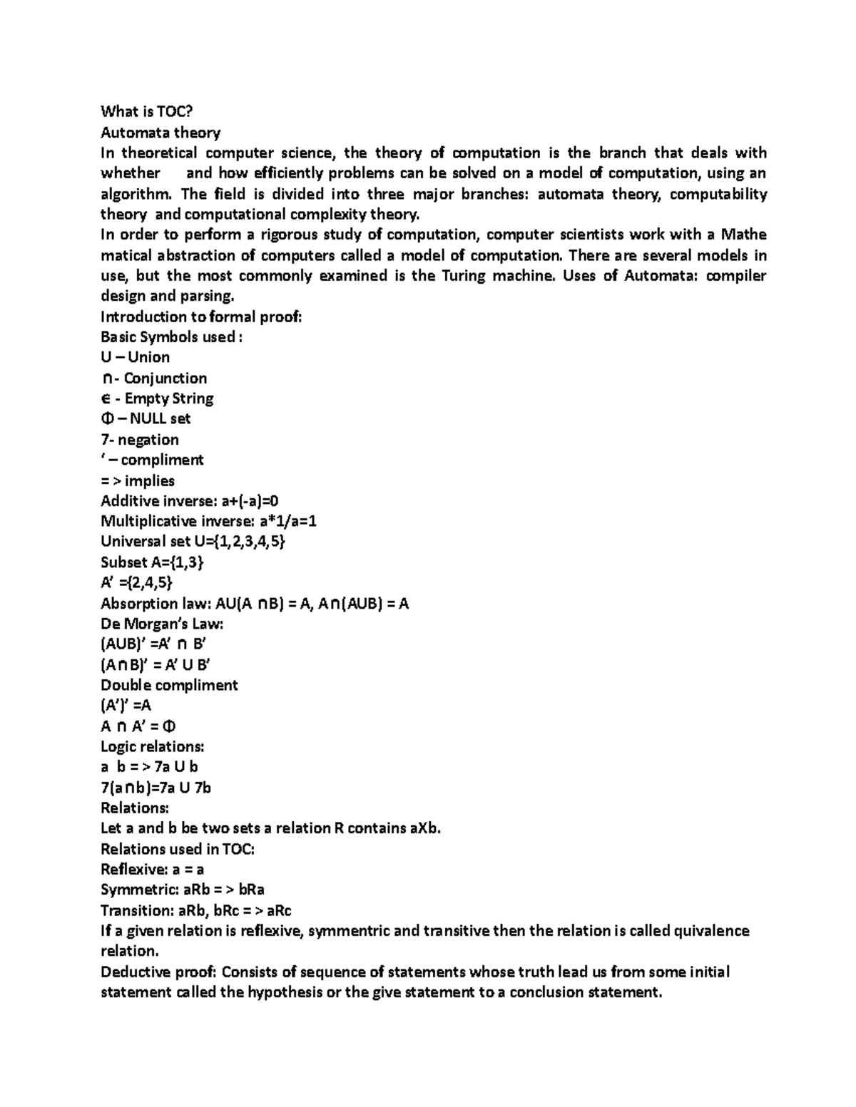 1 introduction to formal proof what is toc automata theory in