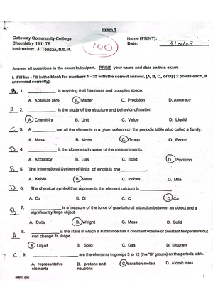 Exam 2 - CHE 111 - Exam 2 Gateway Community College Name (PRINT ...