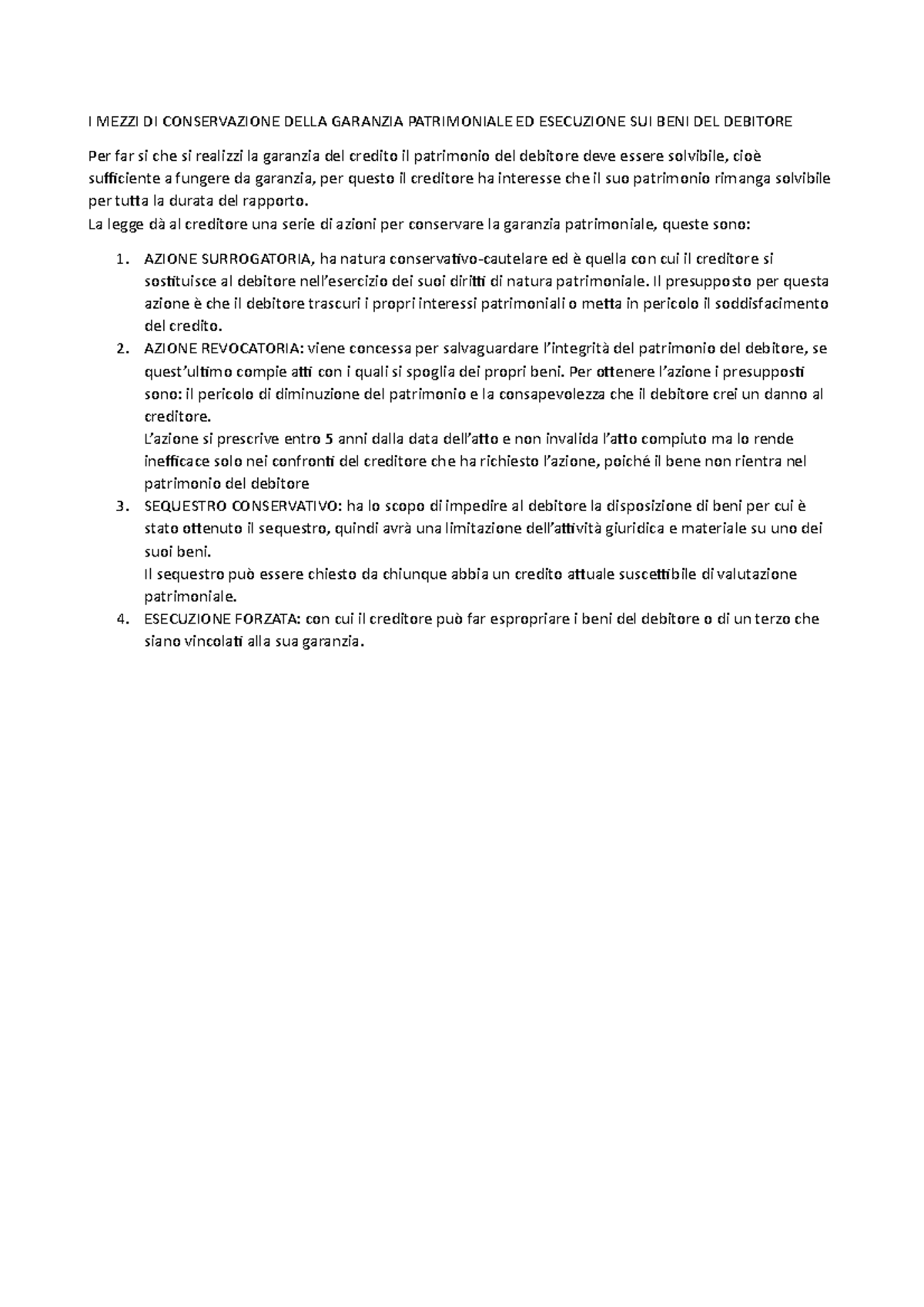 7 I Mezzi DI Conservazione Della Garanzia Patrimoniale ED Esecuzione SUI BENI DEL Debitore Studocu