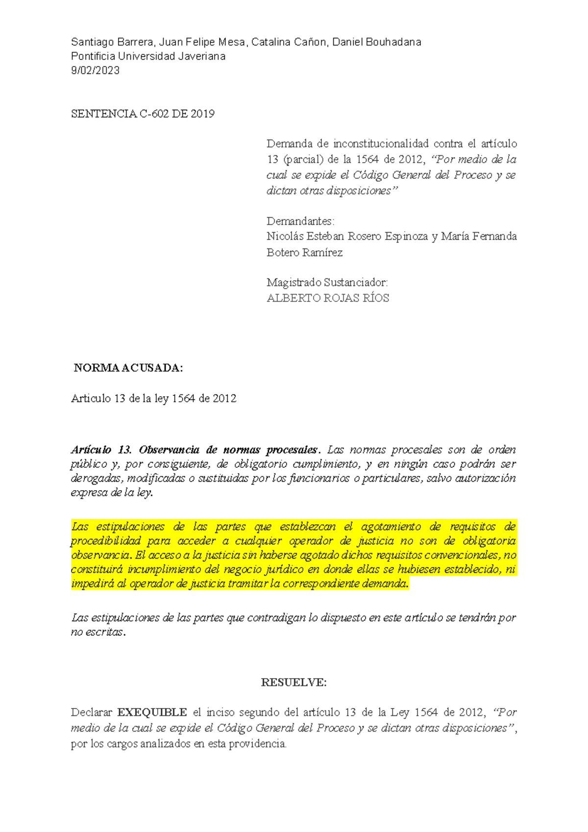 Sentencia C-602 DE 2019 - Pontificia Universidad Javeriana 9/02