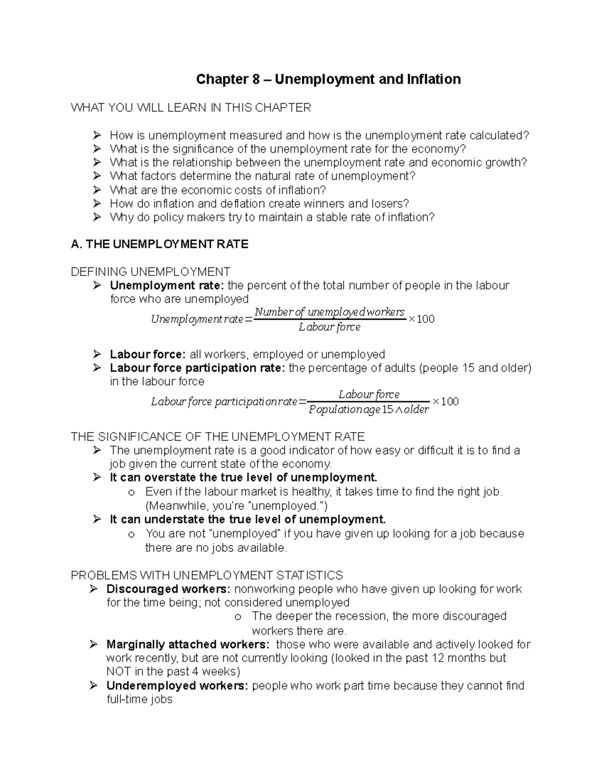 Chapter 8 Notes - Chapter 8 – Unemployment and Inflation WHAT YOU WILL ...