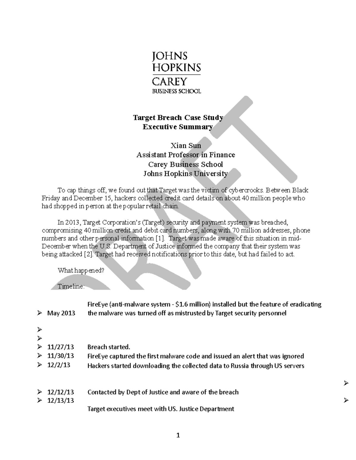 Cybersecurity Finance Case Study Executive Summary Target 2k8v86l ...