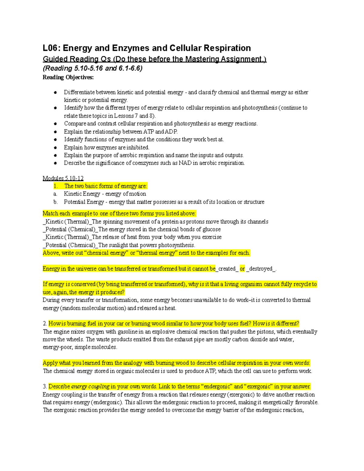 Grqs L06 Biology Grq Assignment L06 Energy And Enzymes And Cellular Respiration Guided