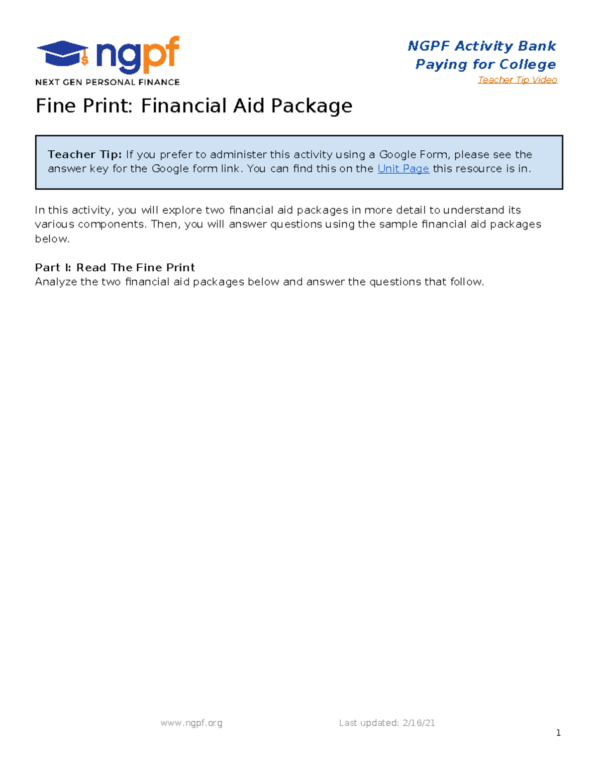 Fine Print Financial Aid Package 6 Ngpf Activity Bank Paying For College Teacher Tip Video 