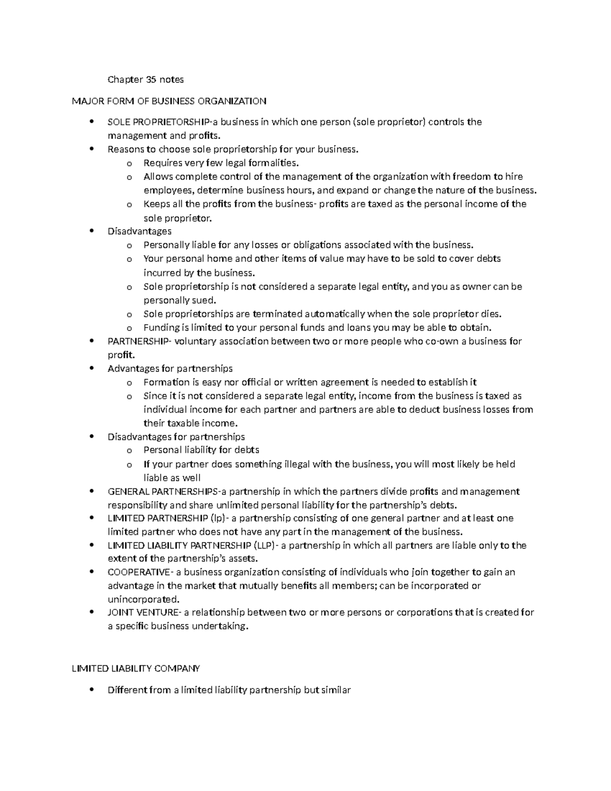 Chapter 35 notes- types of ownership - Chapter 35 notes MAJOR FORM OF ...