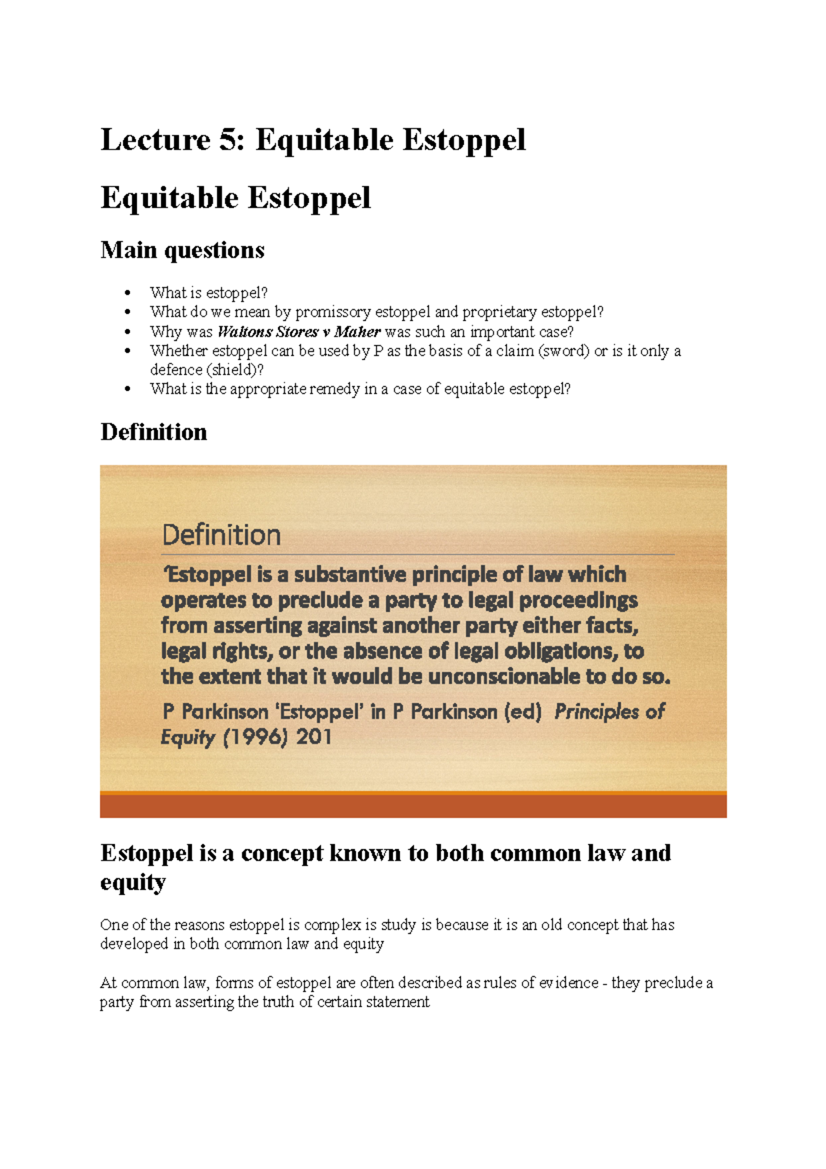 Lecture 5 Equitable estoppel 070517 Studocu