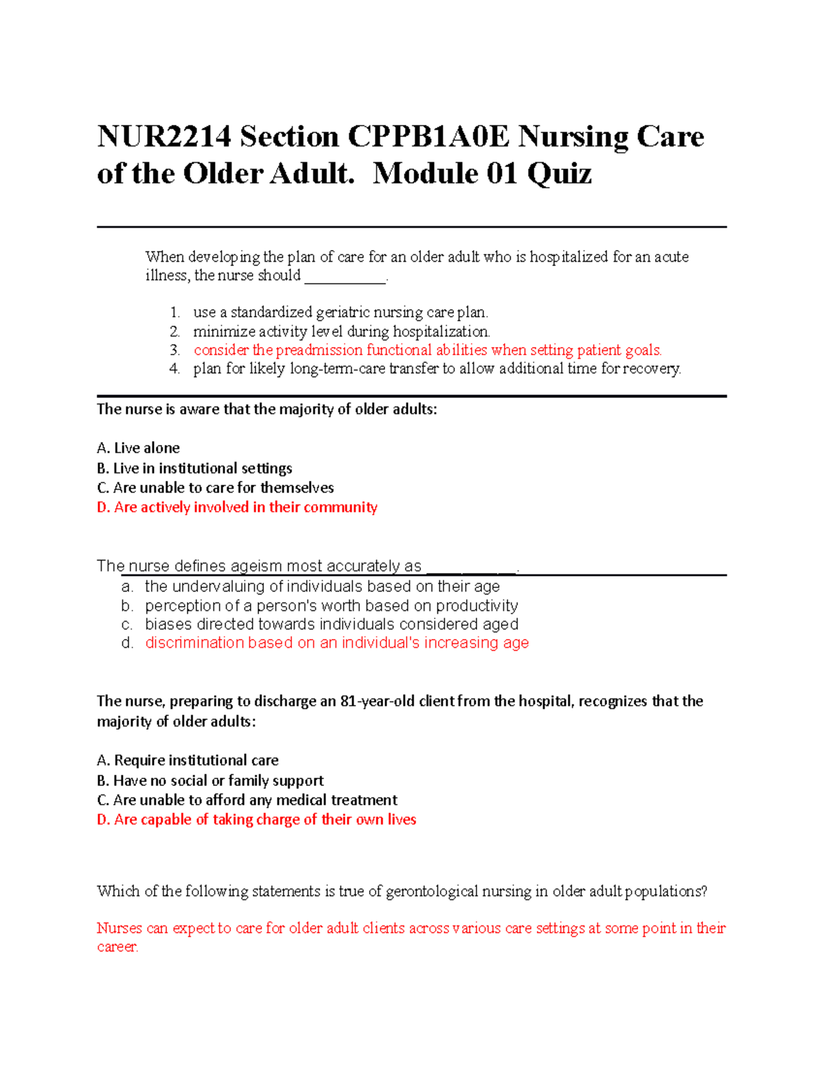 Nursing Care Of The Older Adult Module 1 Quiz - NUR2214 Section ...