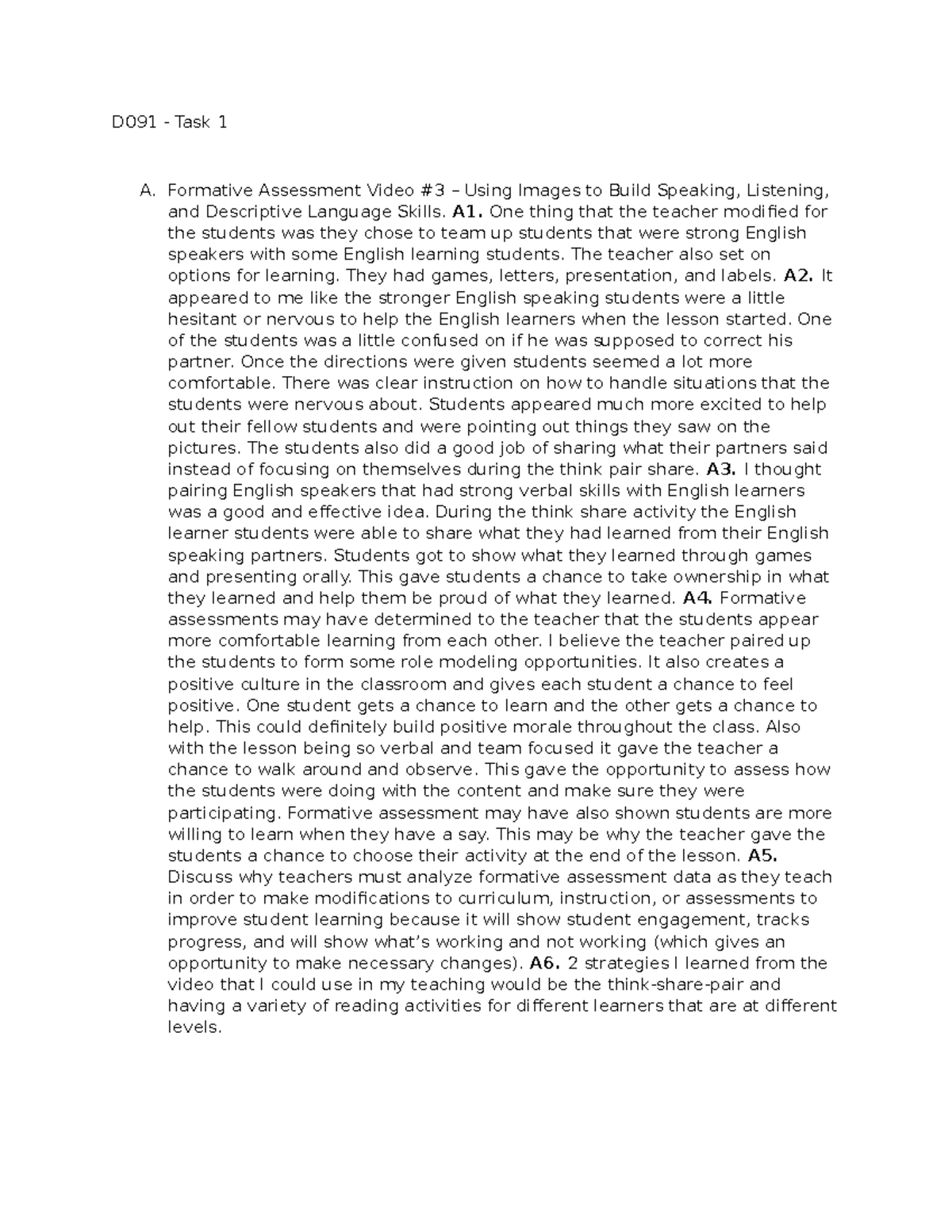 D091 task 1 - passed - D091 - Task 1 A. Formative Assessment Video #3 ...