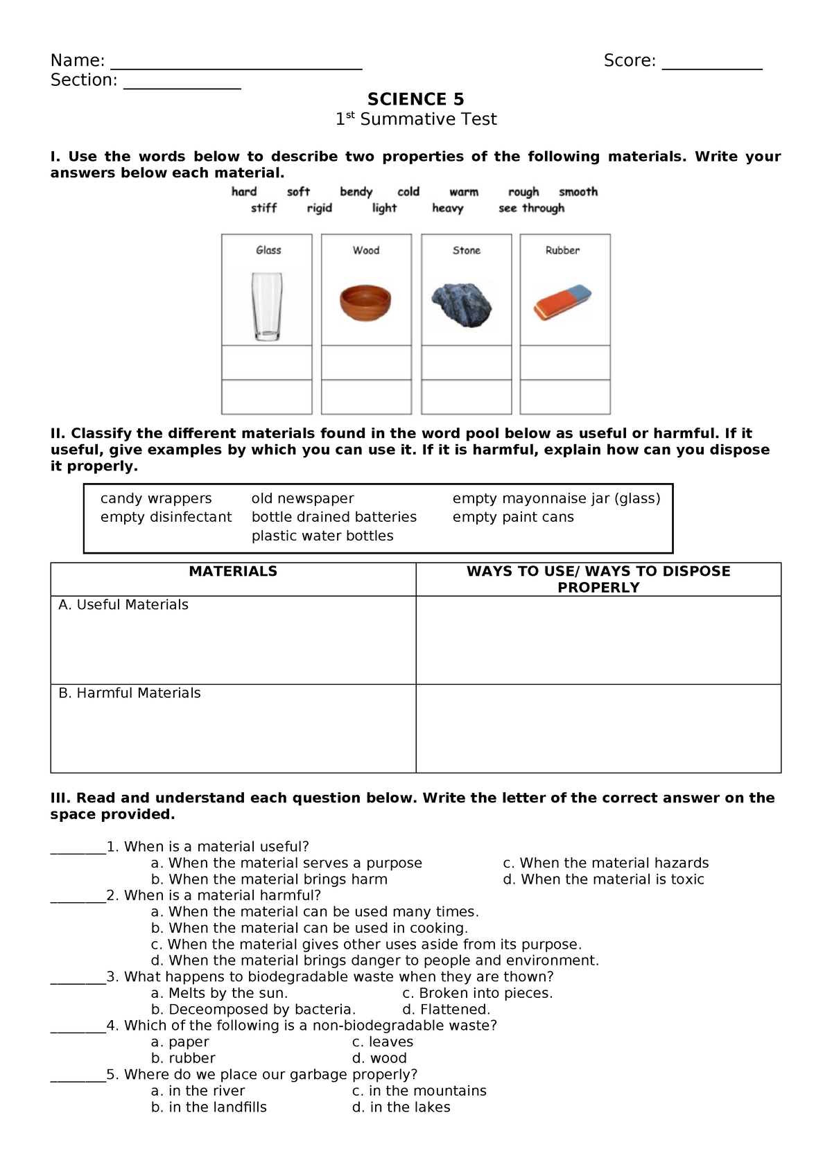 Science 5 ST 1 - N/A - Name: ______________________________ Score ...