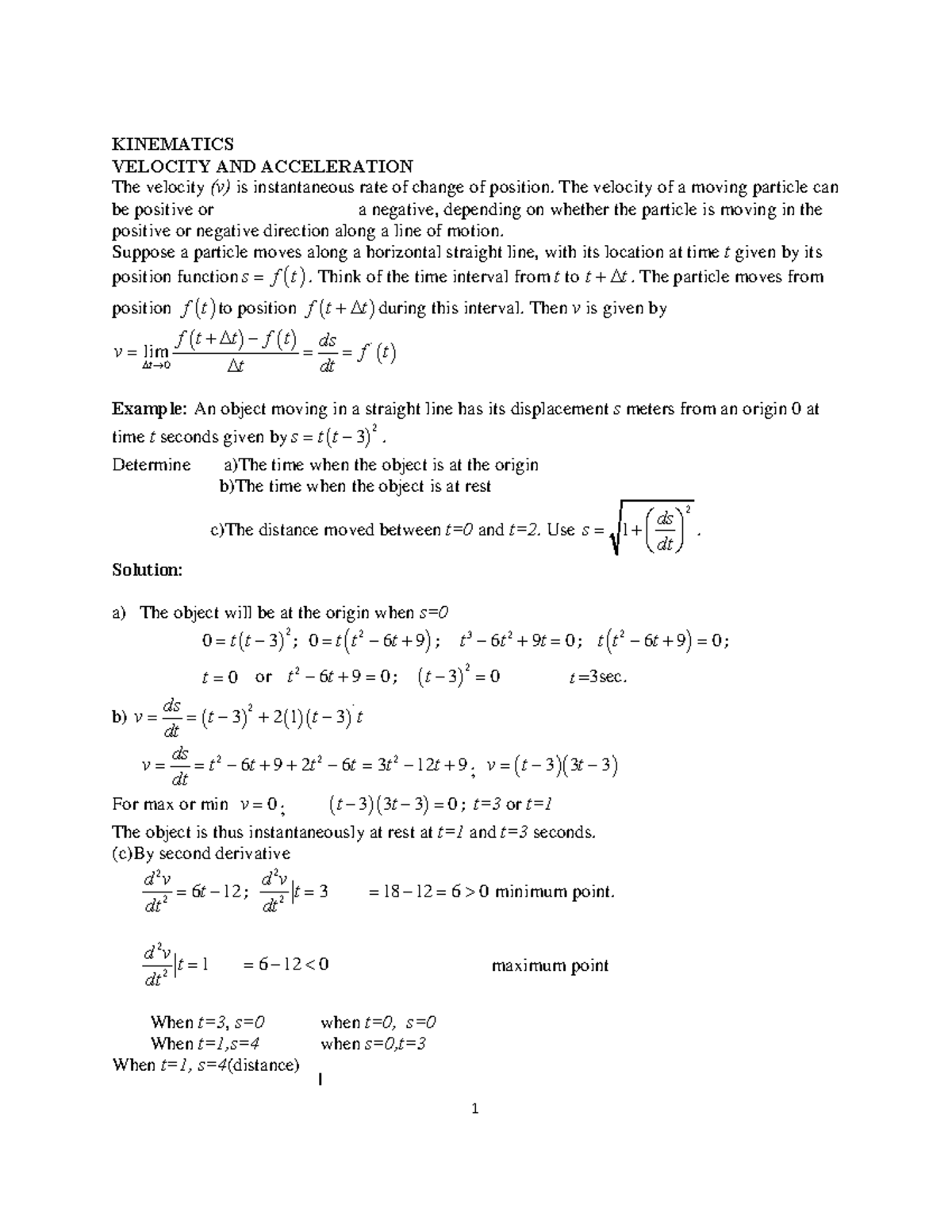 Pdf SMA 104 Lecture 11( Kinematics) - 1 KINEMATICS VELOCITY AND ...