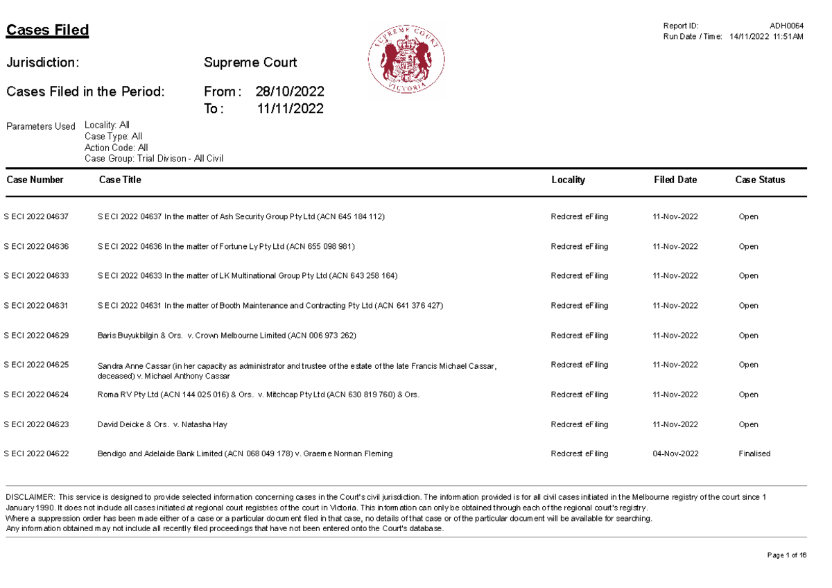 Cases Created Action Code Cases Filed Report IDRun Date / Time 14