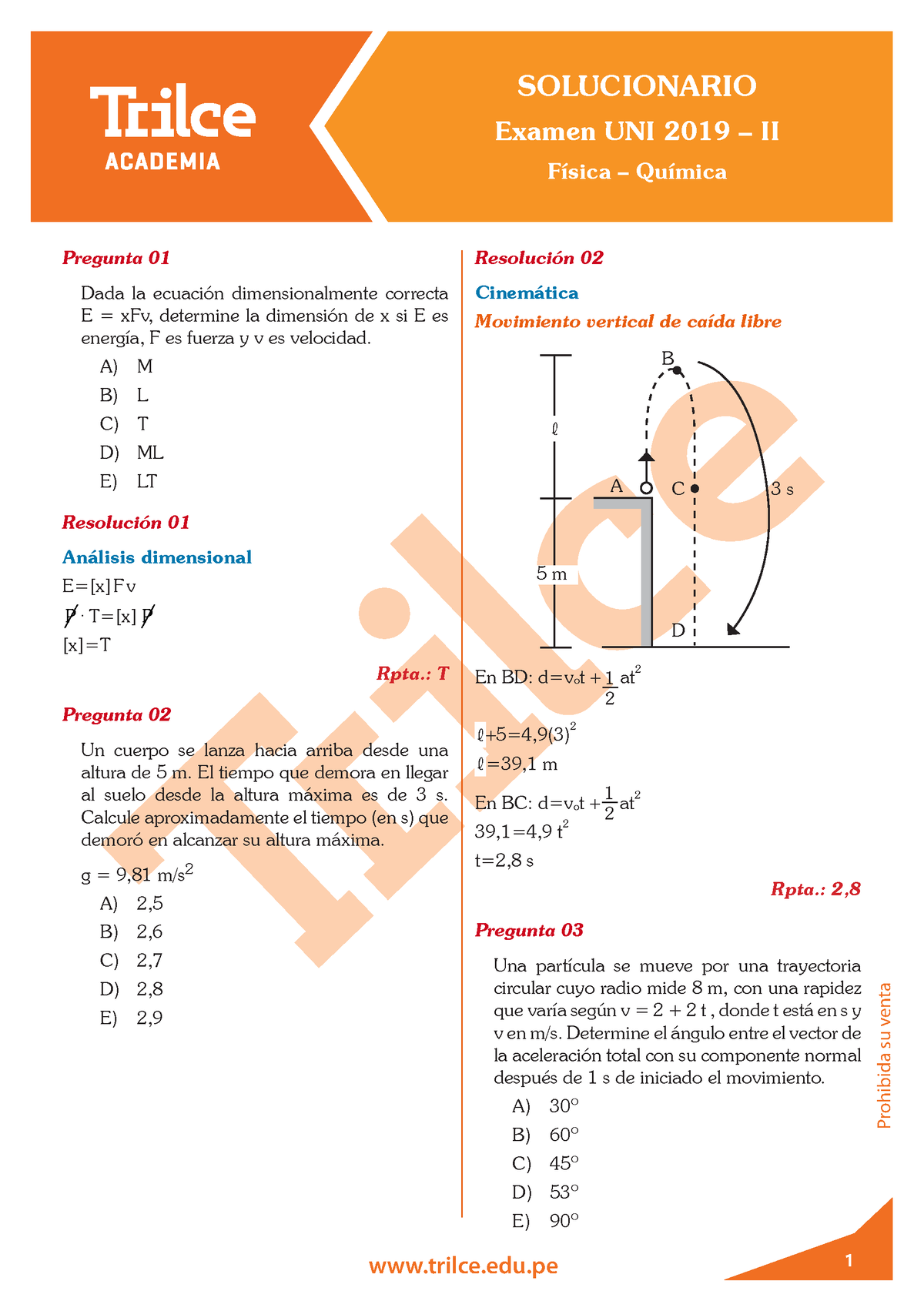 Solucionario Examen UNI Trilce - Examen UNI 2019 – II Física – Química ...