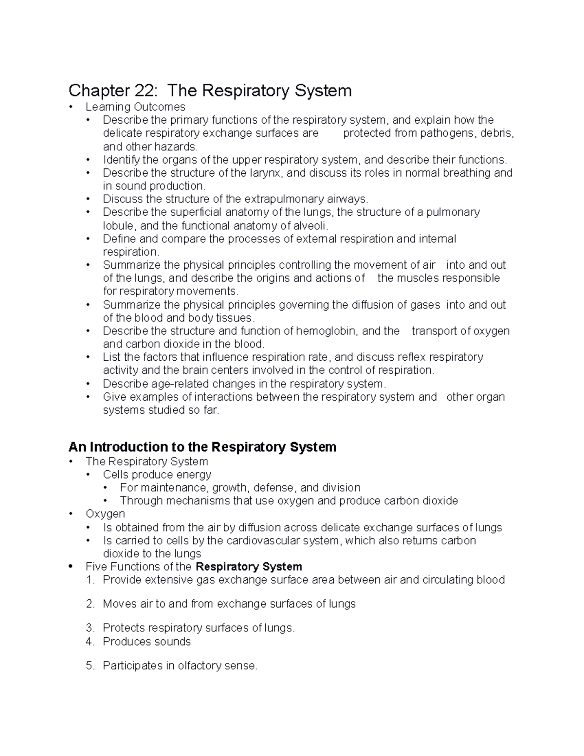 BIOL-286 Chapter 22 Lecture Notes Part 1 - Chapter 22: The Respiratory ...