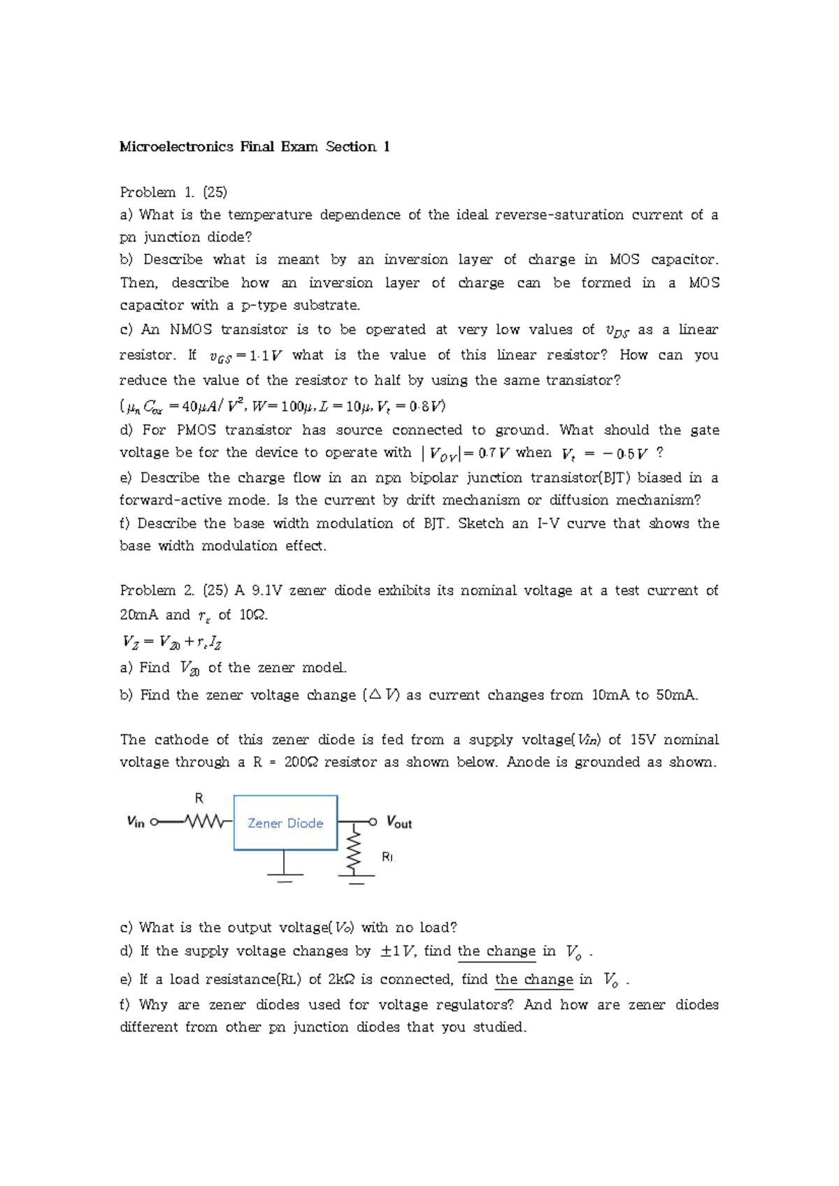 마이크로전자회로1(마전) 자료입니다. - Microelectronics Final Exam Section 1 Problem 1 ...