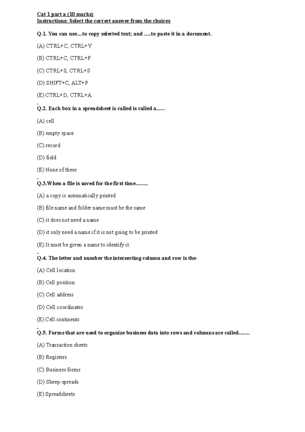Cat 1 part a - practicals - Cat 1 part a (10 marks) Instructions ...