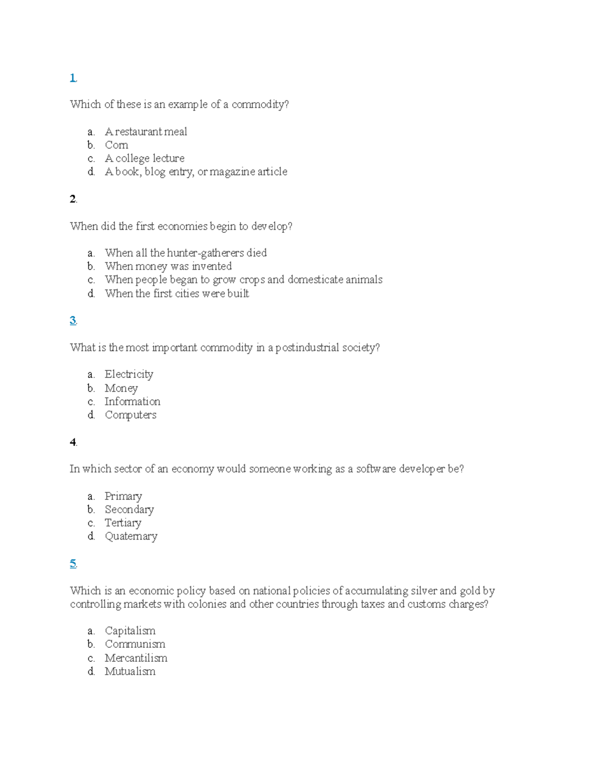 Quiz on work and economy - 1. Which of these is an example of a ...