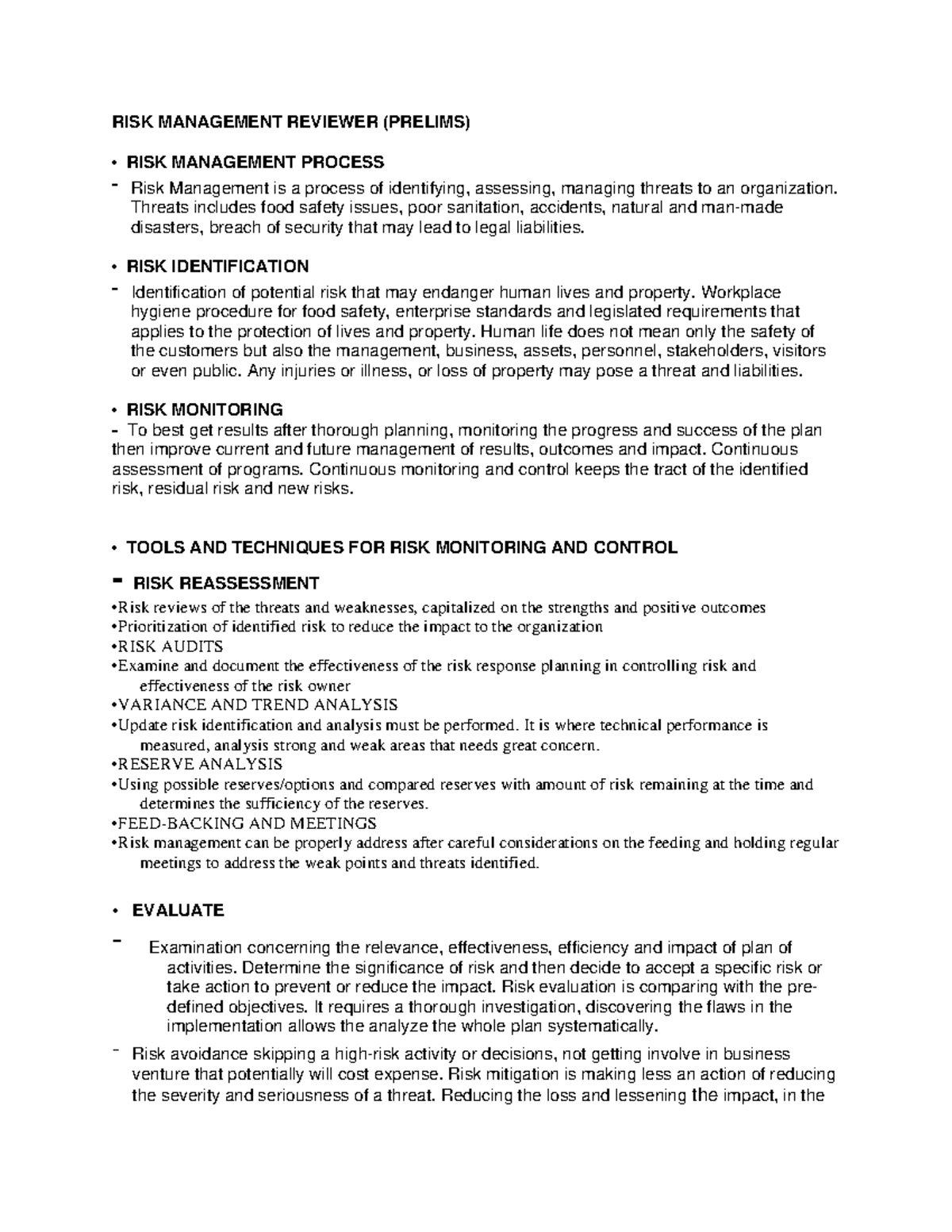 RISK Management Reviewerz - RISK MANAGEMENT REVIEWER (PRELIMS) • RISK ...