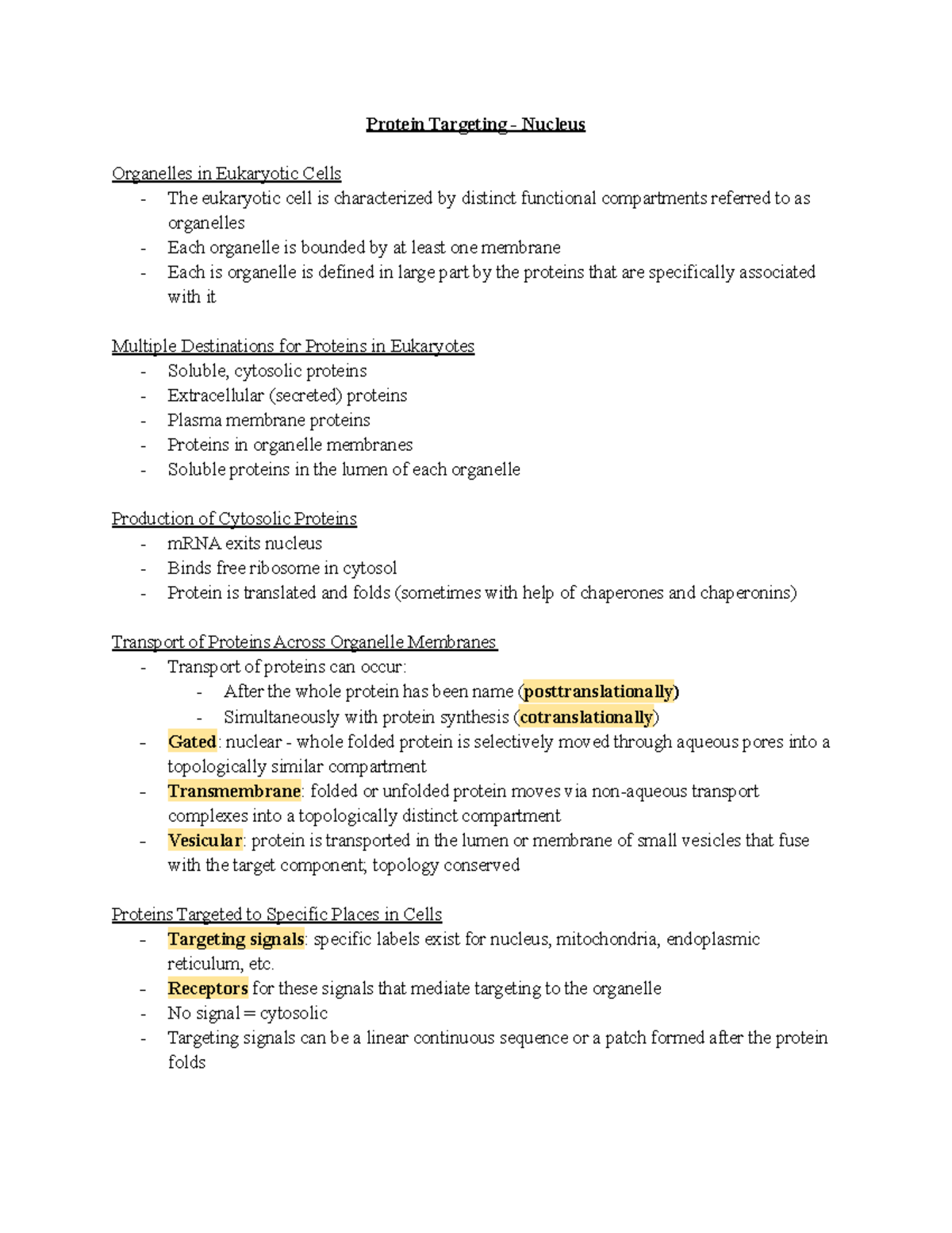 MCB 2210 Block 2 - Spring 2022 - Protein Targeting - Nucleus Organelles ...