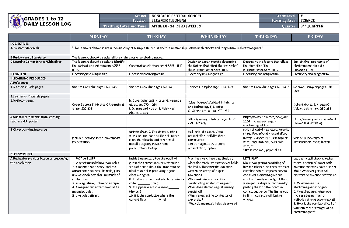 DLL Science 5 Q3 W9 - Daily Lesson Log - GRADES 1 to 12 DAILY LESSON ...