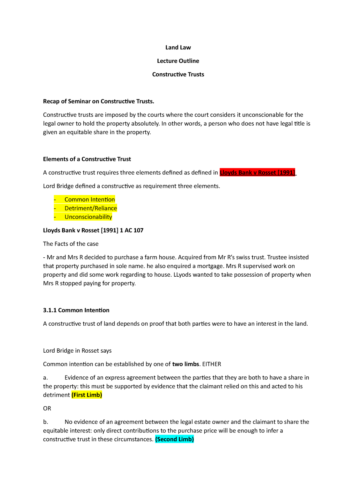 Lecture Outline - Constructive Trust - Land Law Lecture Outline ...