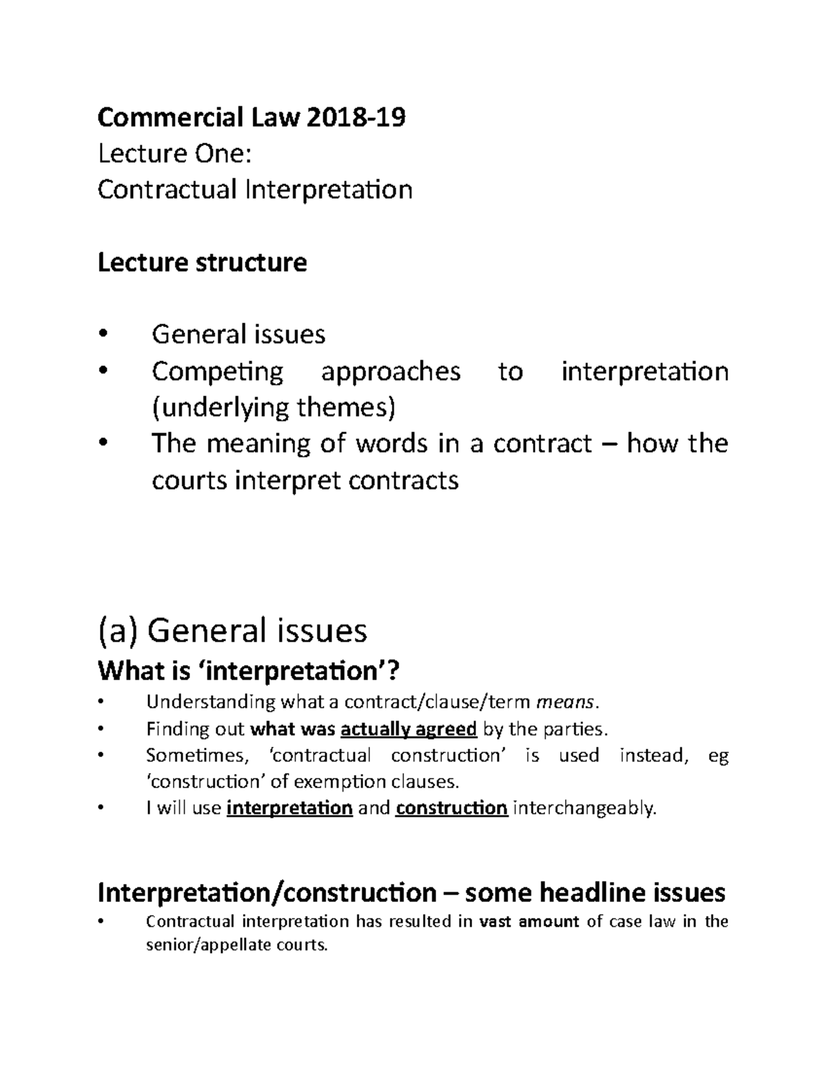 Contractual Interpretation Commercial Law 2018 19 Lecture One Contractual Interpretation 9425