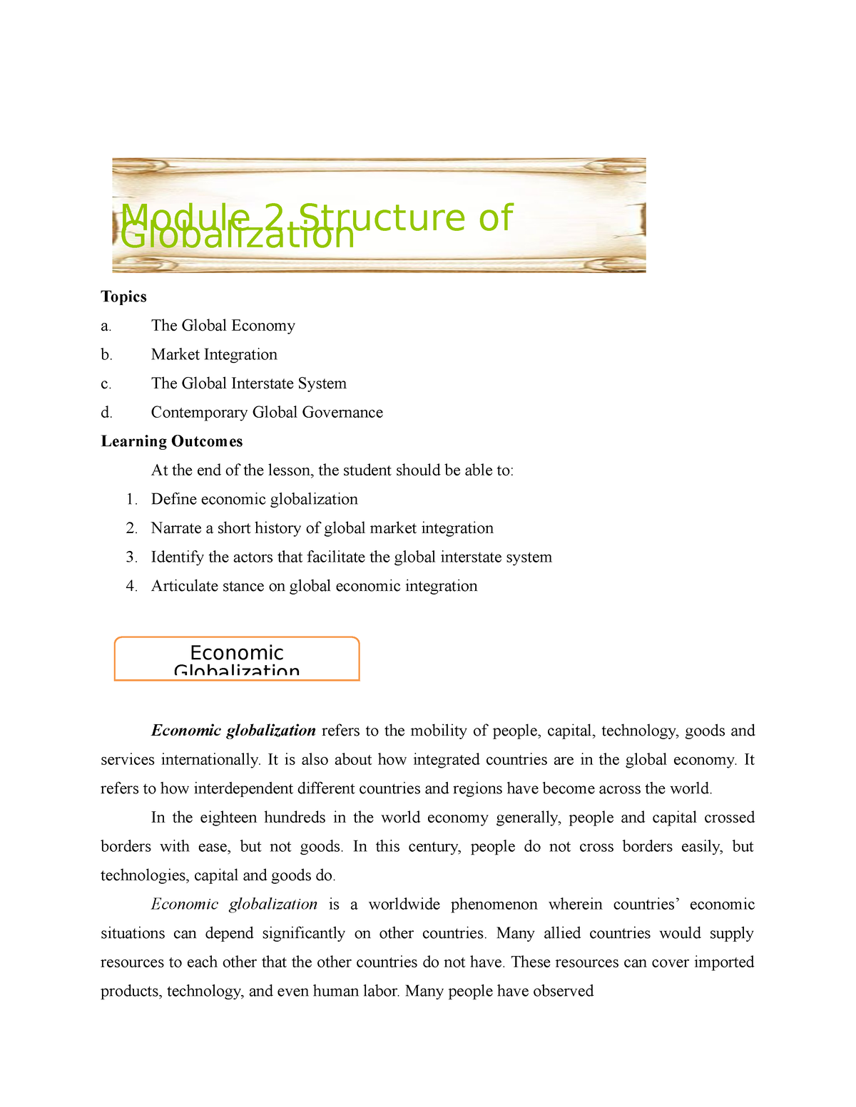 Contemporary World Module 2 - Topics A. The Global Economy B. Market ...