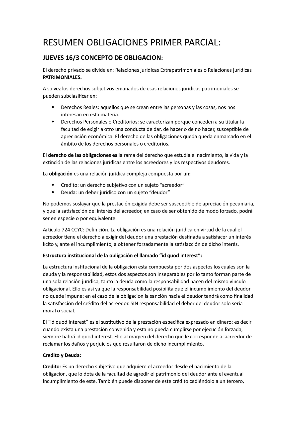 Resumen Obligaciones Primer Parcial - Obligaciones Civiles Y ...