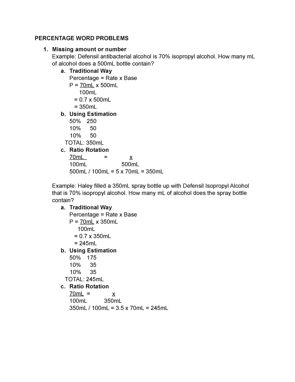 Percentage WORD Problems PERCENTAGE WORD PROBLEMS 1 Missing Amount 