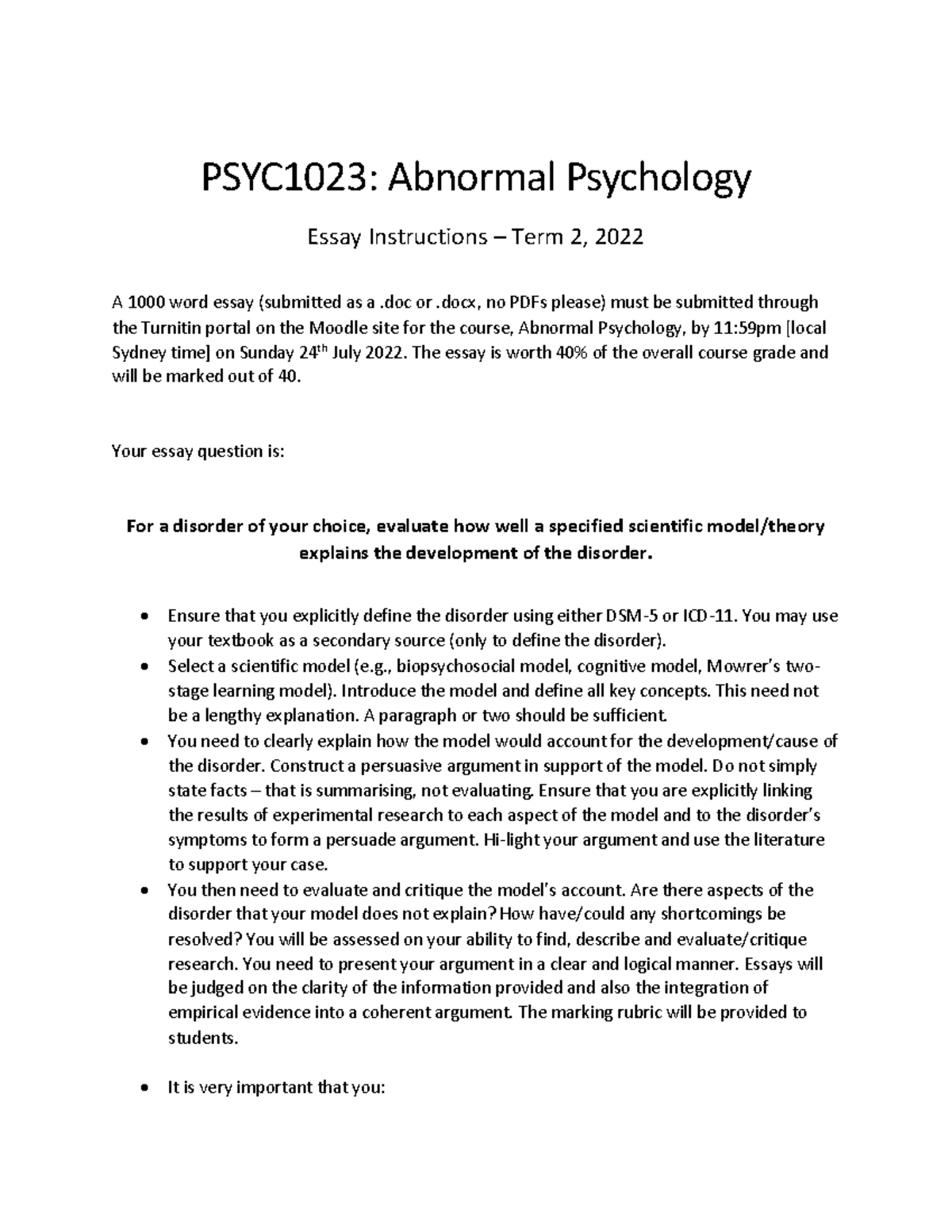 abnormal psychology essay questions