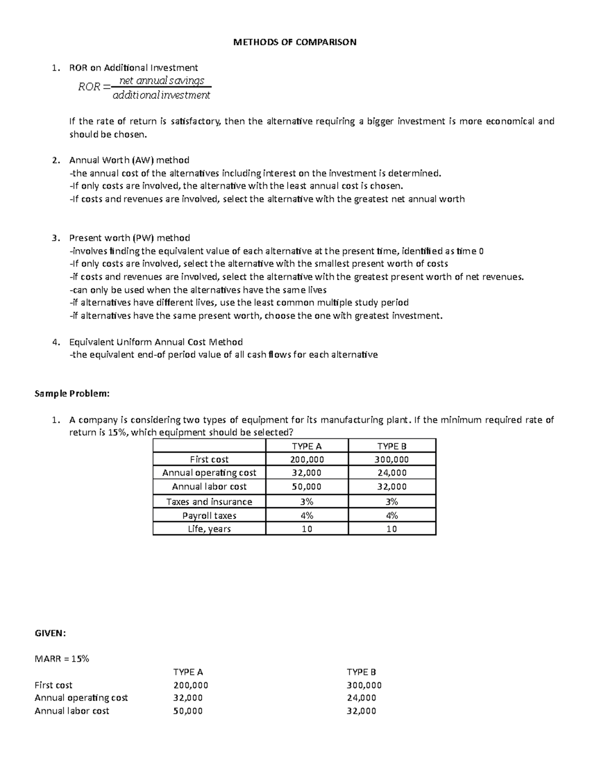 Methods OF Comparison - Lecture notes 1 - METHODS OF COMPARISON ROR on ...