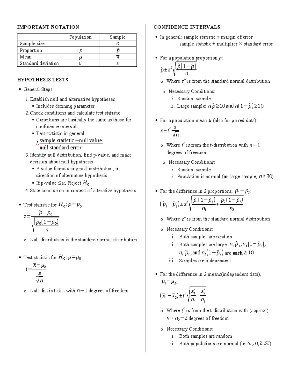 BUS 370 Formula Sheet Exam 2 IMPORTANT NOTATION Population Sample