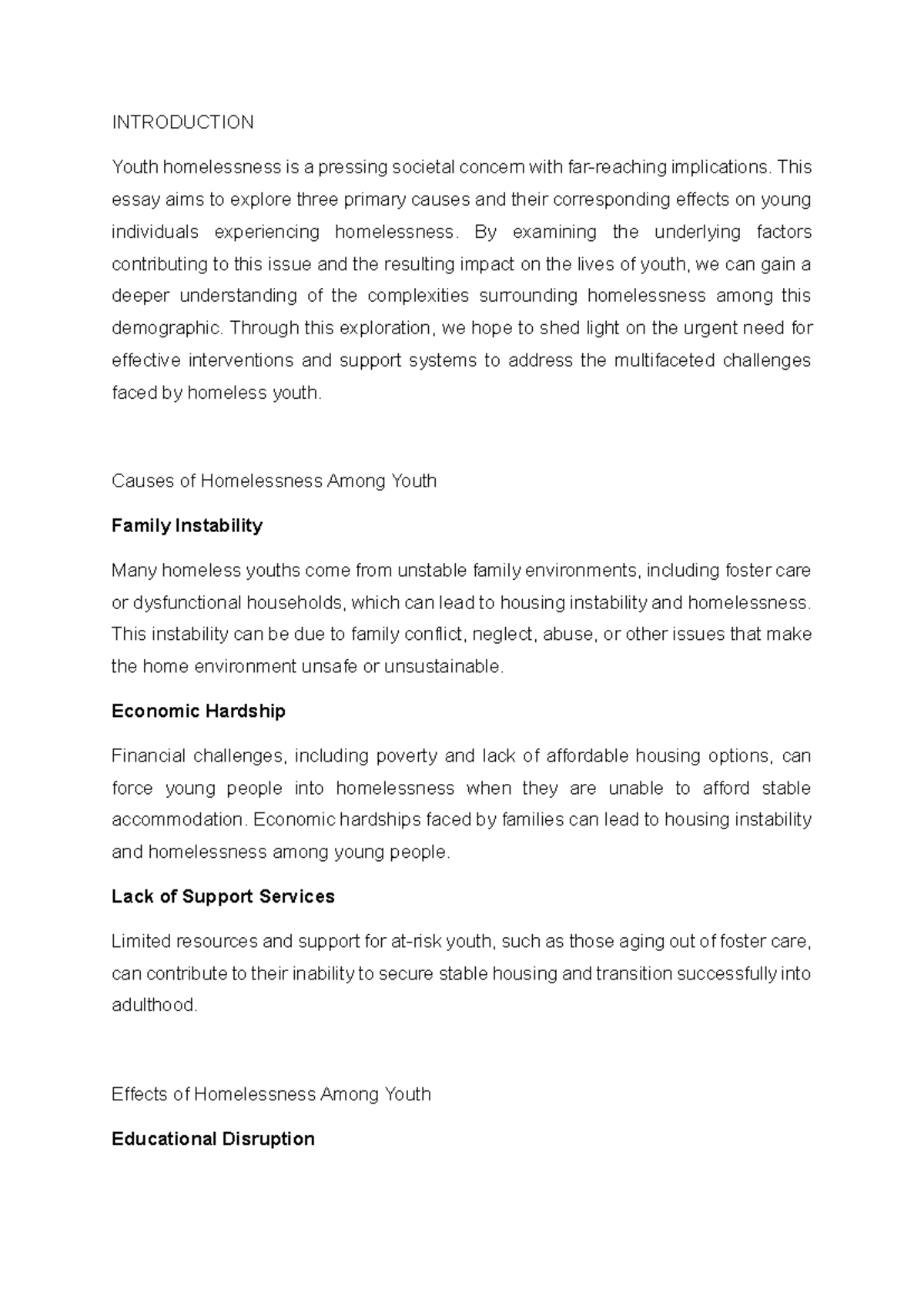 ENG1503 - INTRODUCTION Youth homelessness is a pressing societal ...