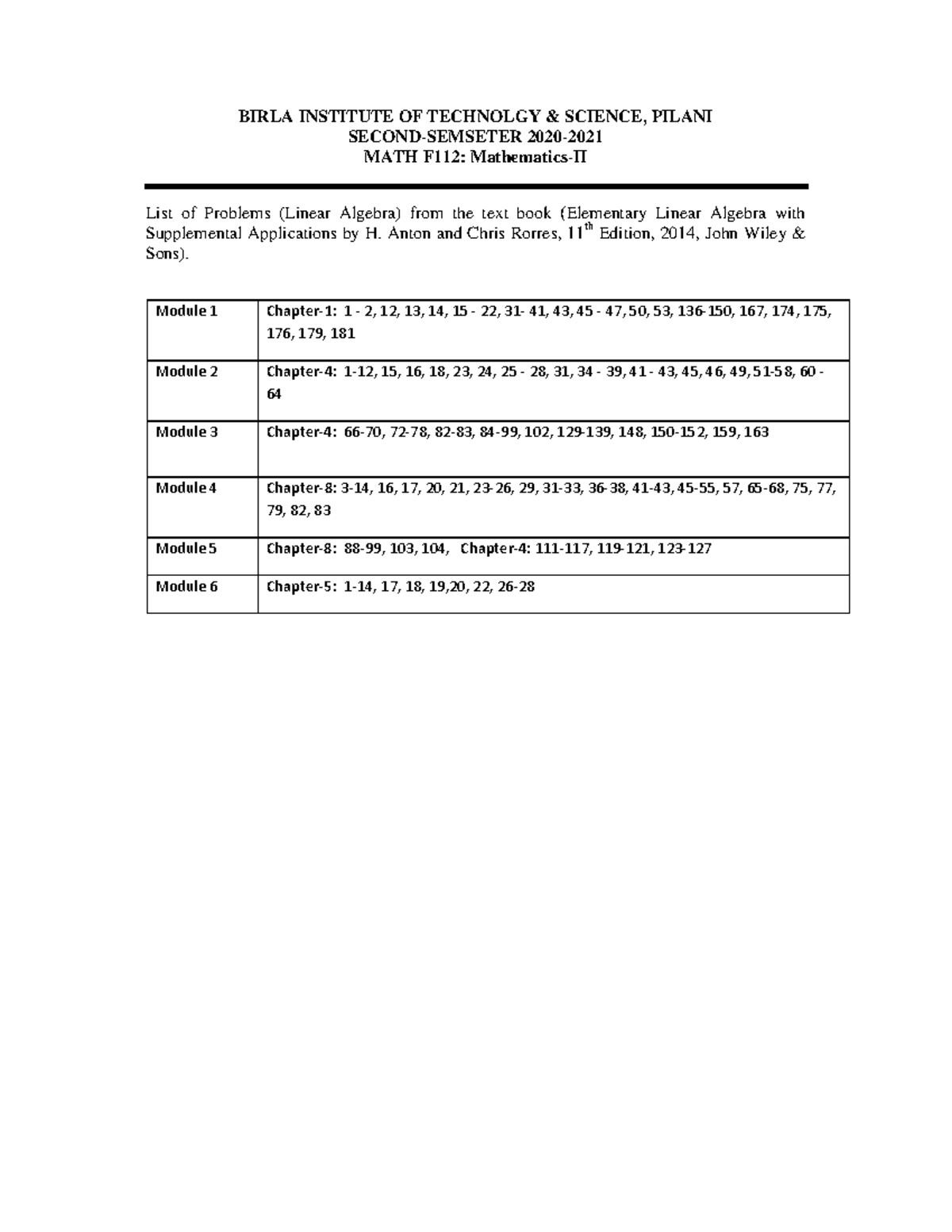 List of Practice Problems - BIRLA INSTITUTE OF TECHNOLGY & SCIENCE ...