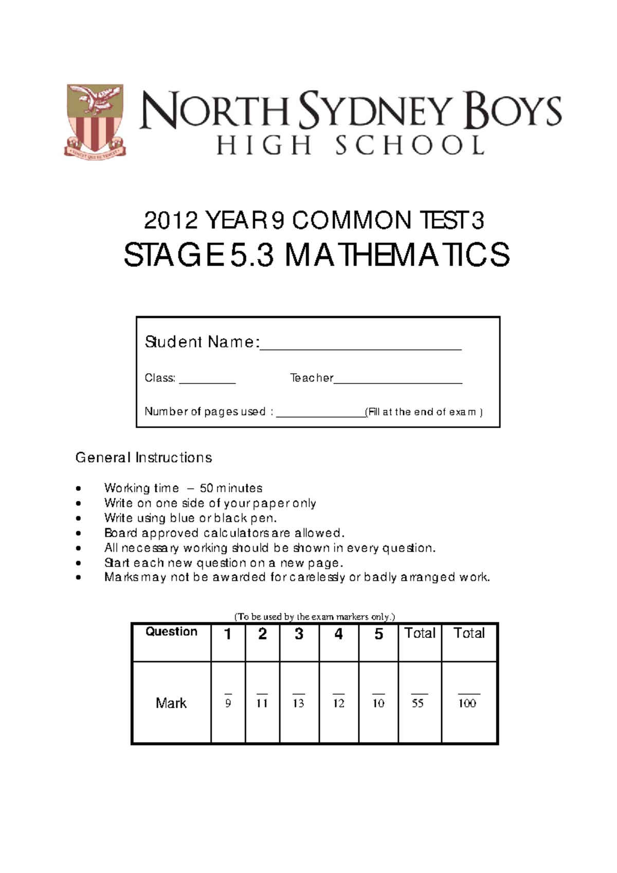 Task 3 2012 Yr 9 - Math Past Paper - 2012 YEAR 9 COMMON TEST 3 STAGE 5 ...