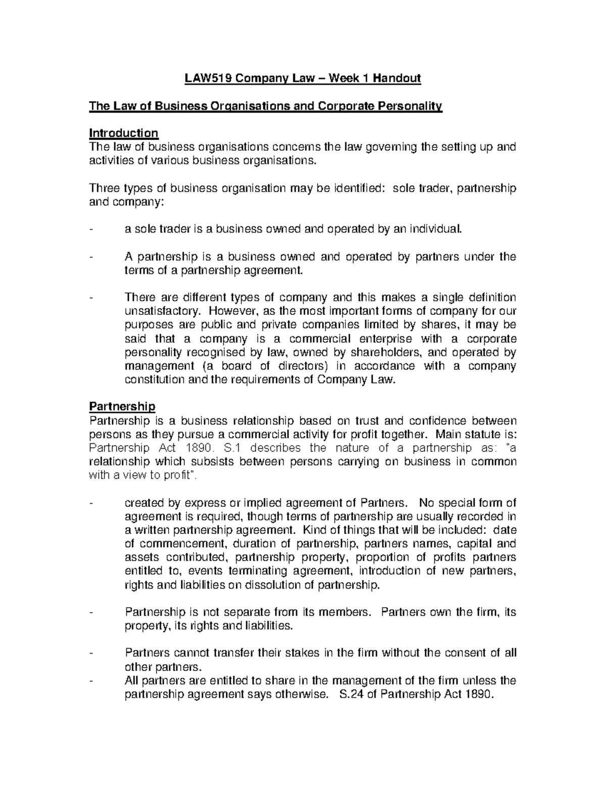 Week 1 Handout - Lecture notes 1 - LAW519 Company Law – Week 1 Handout ...