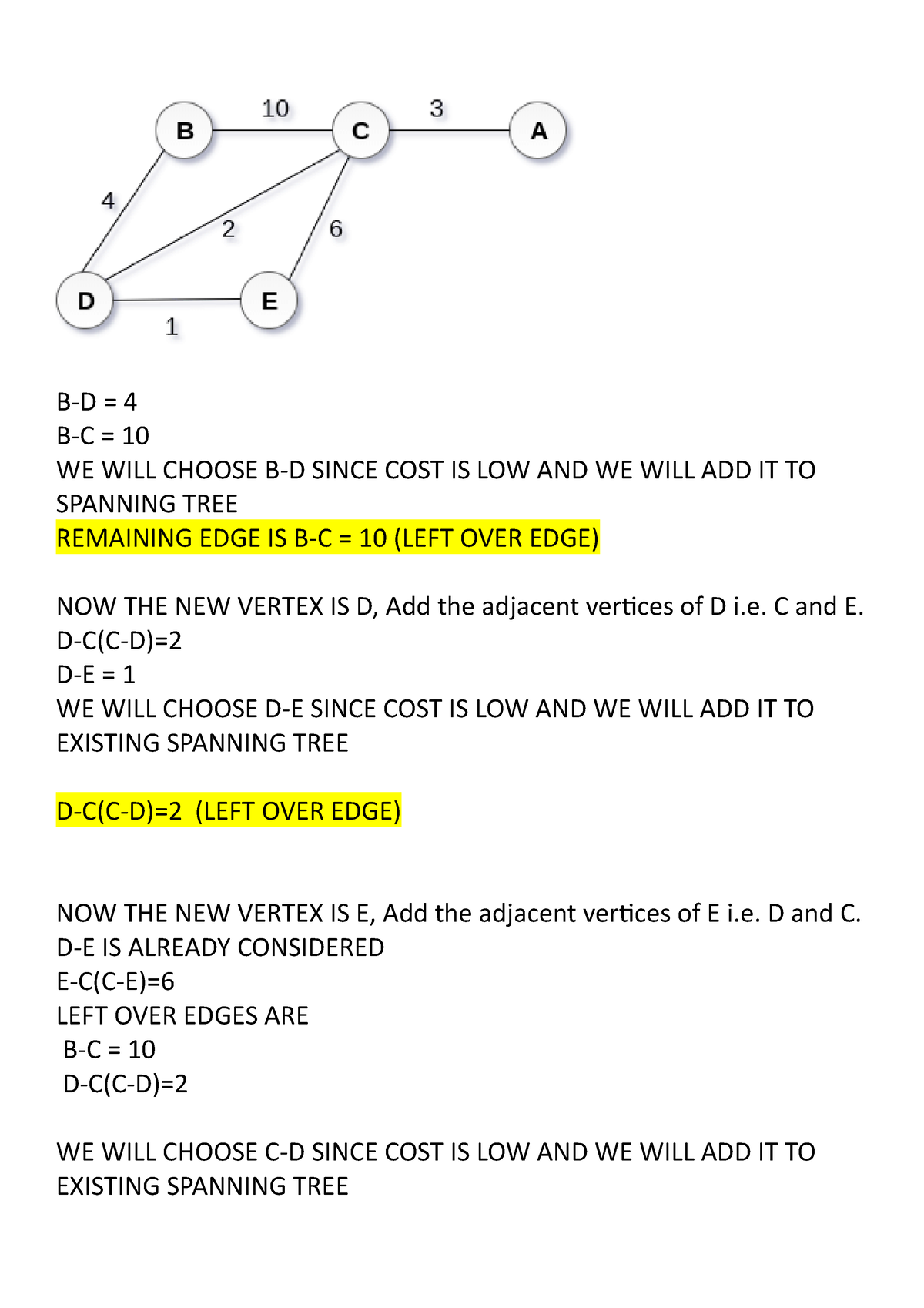 Prims 2 - B-D = 4 B-C = 10 WE WILL CHOOSE B-D SINCE COST IS LOW AND WE ...