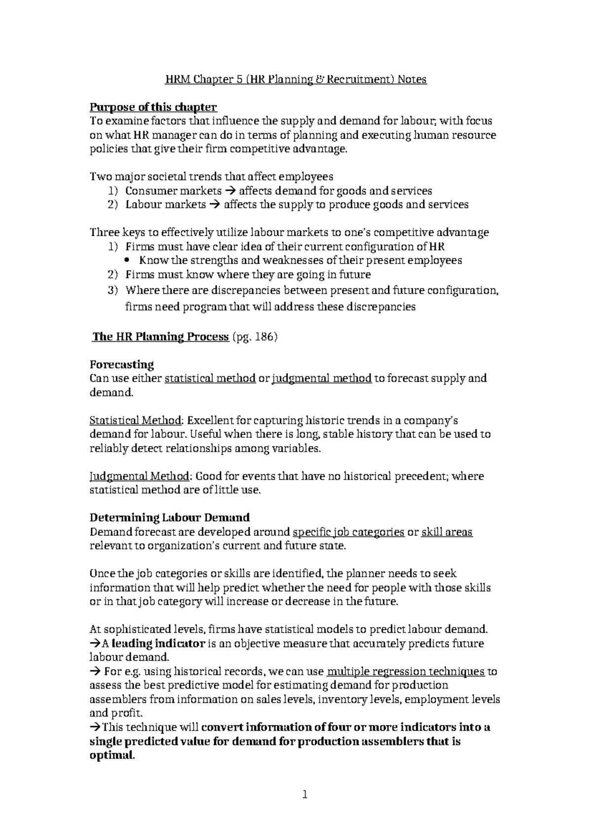 HRM Chapter 5 Notes - HRM Chapter 5 (HR Planning & Recruitment) Notes ...