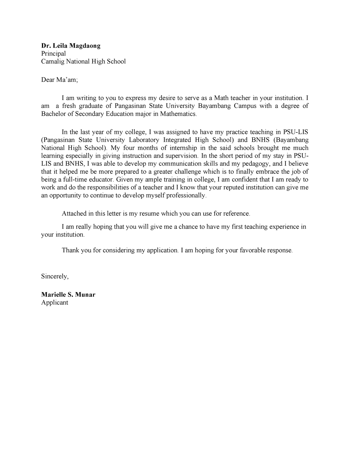 Application letter - Dr. Leila Magdaong Principal Camalig National High ...