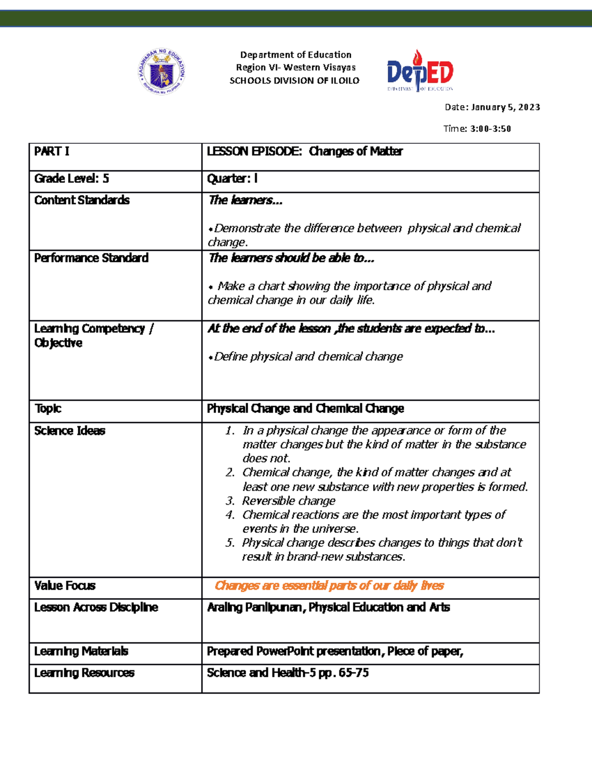 Chemical and physical change - Department of Education Region VI ...