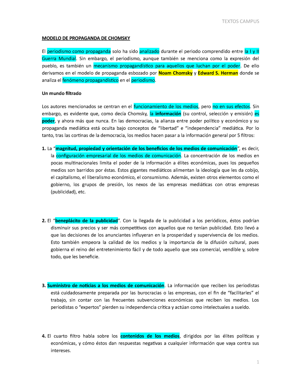 Resúmenes textos campus virtual Discurso publicitario - MODELO DE  PROPAGANDA DE CHOMSKY El - Studocu