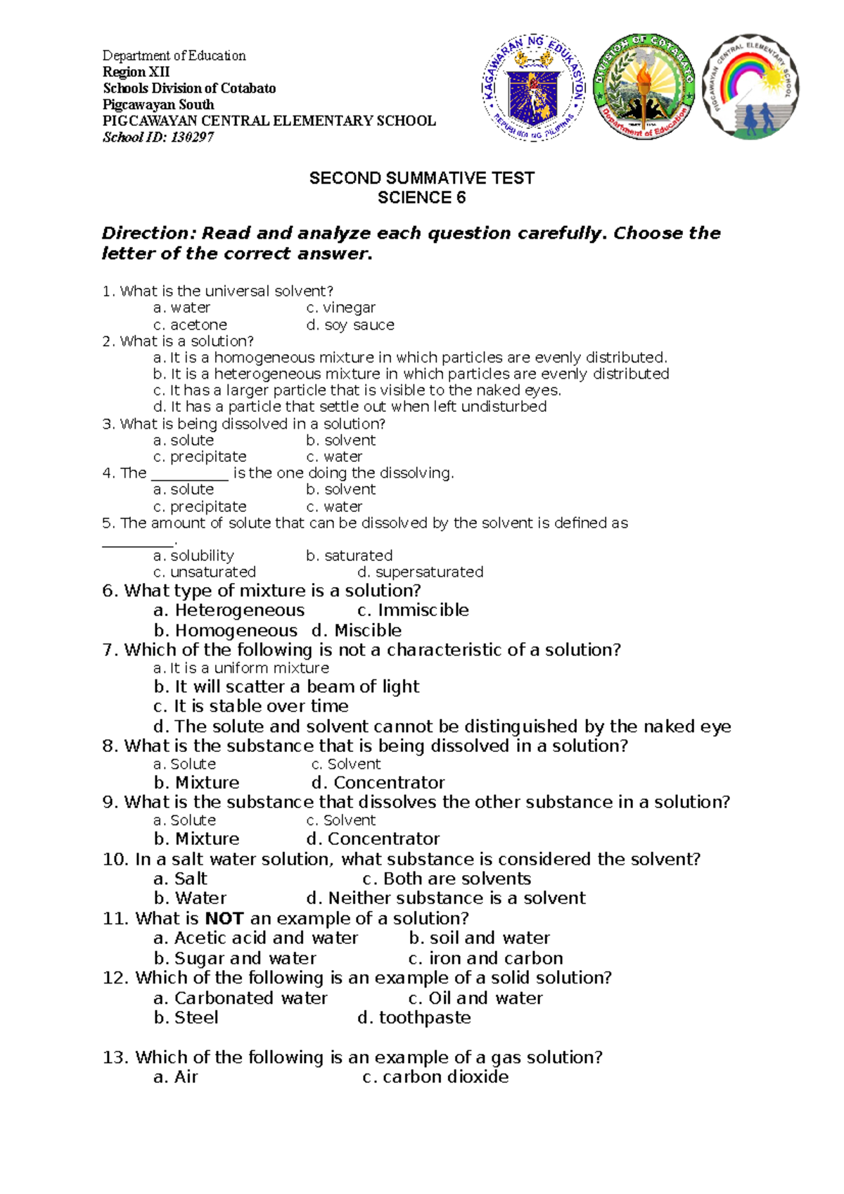 Science - 2ND Assessment - SECOND SUMMATIVE TEST SCIENCE 6 Direction ...