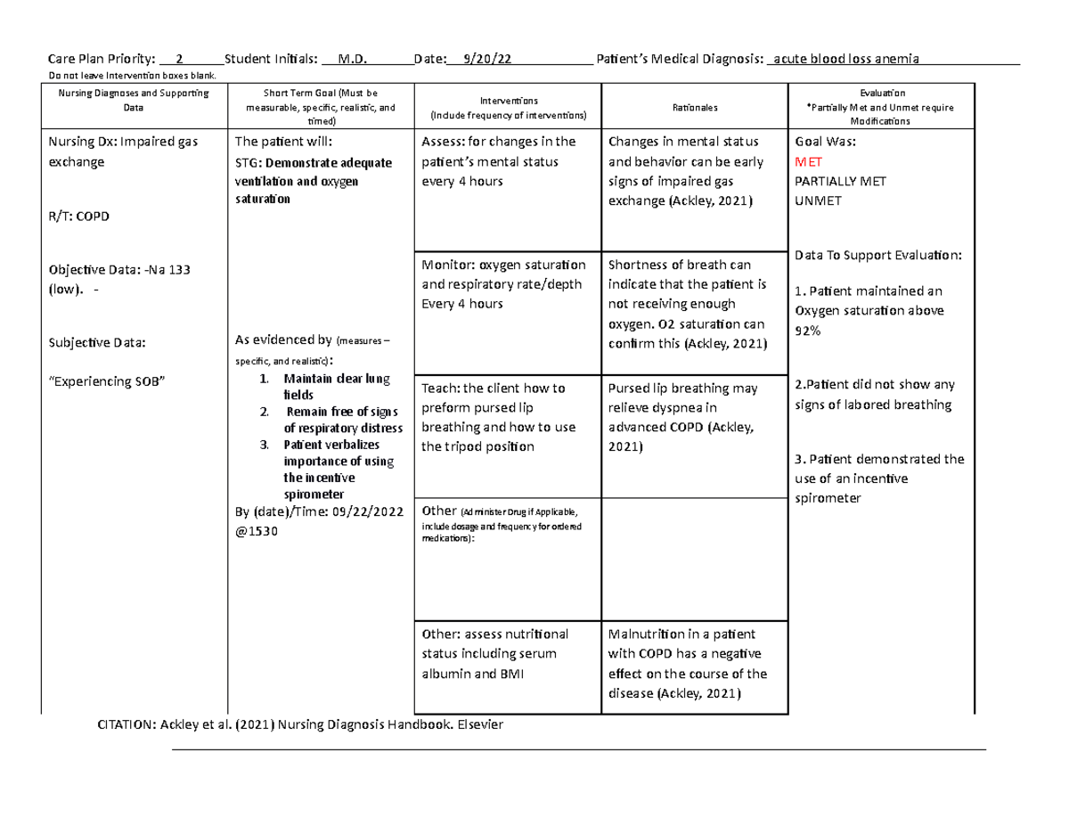 Care Plan Impaired Gas Exchange Care Plan Priority 2 Student 