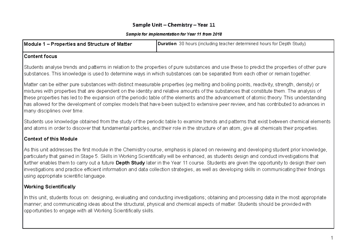 Chemistry stage 6 year 11 sample unit module 1 properties and structure