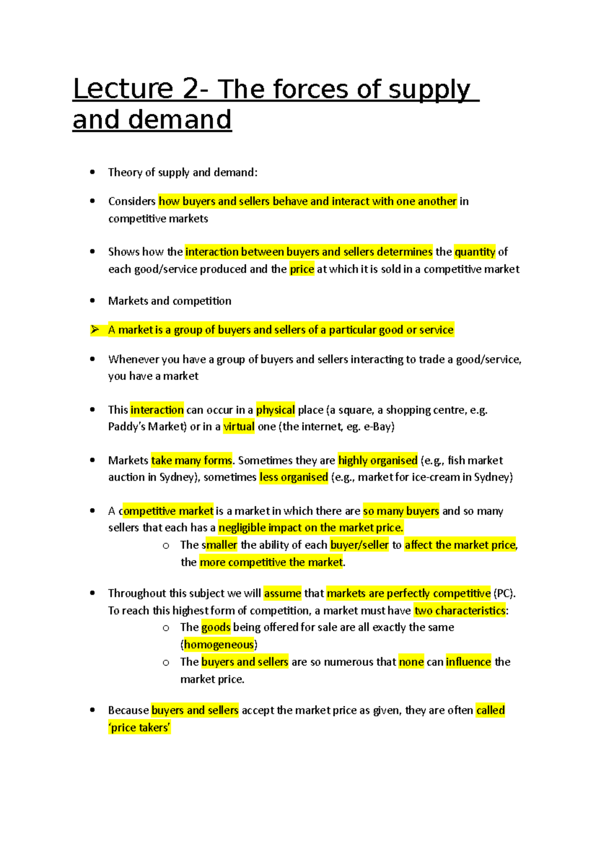 Lecture 2 - Lecture 2- The forces of supply and demand Theory of supply ...