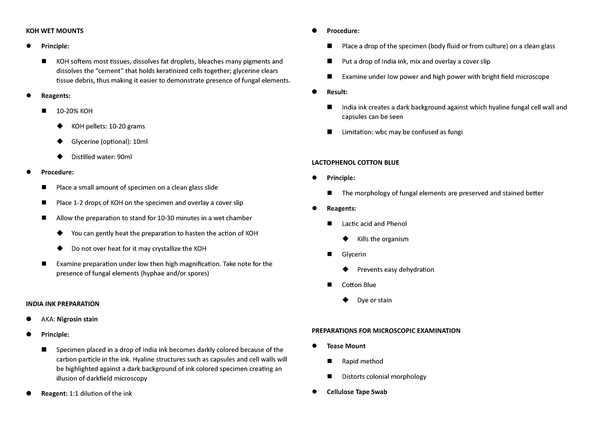 KOH WET Mounts - Lecture notes - KOH WET MOUNTS Principle: KOH softens ...