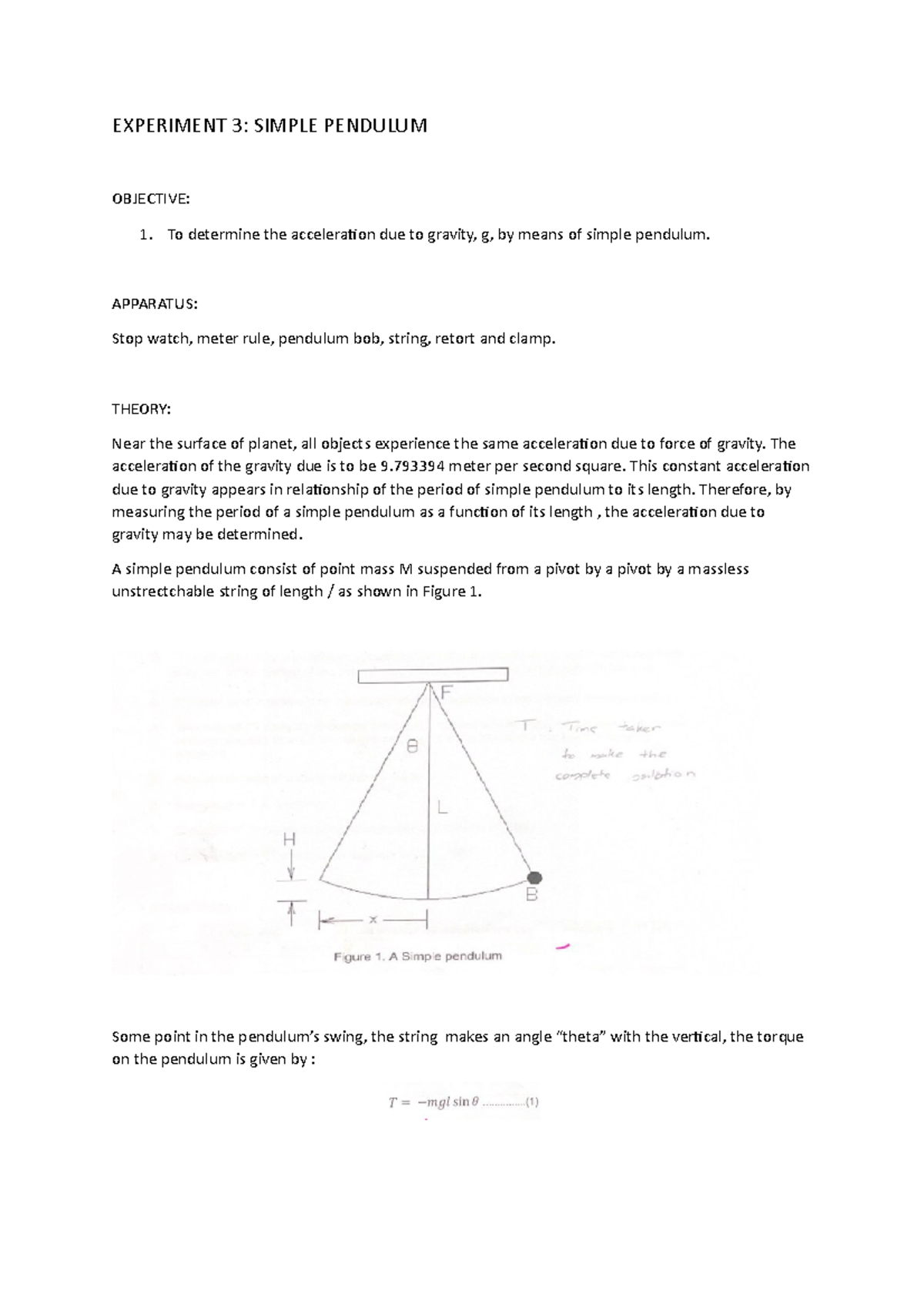 LAB Report 3 Pendulum - EXPERIMENT 3: SIMPLE PENDULUM OBJECTIVE: To ...