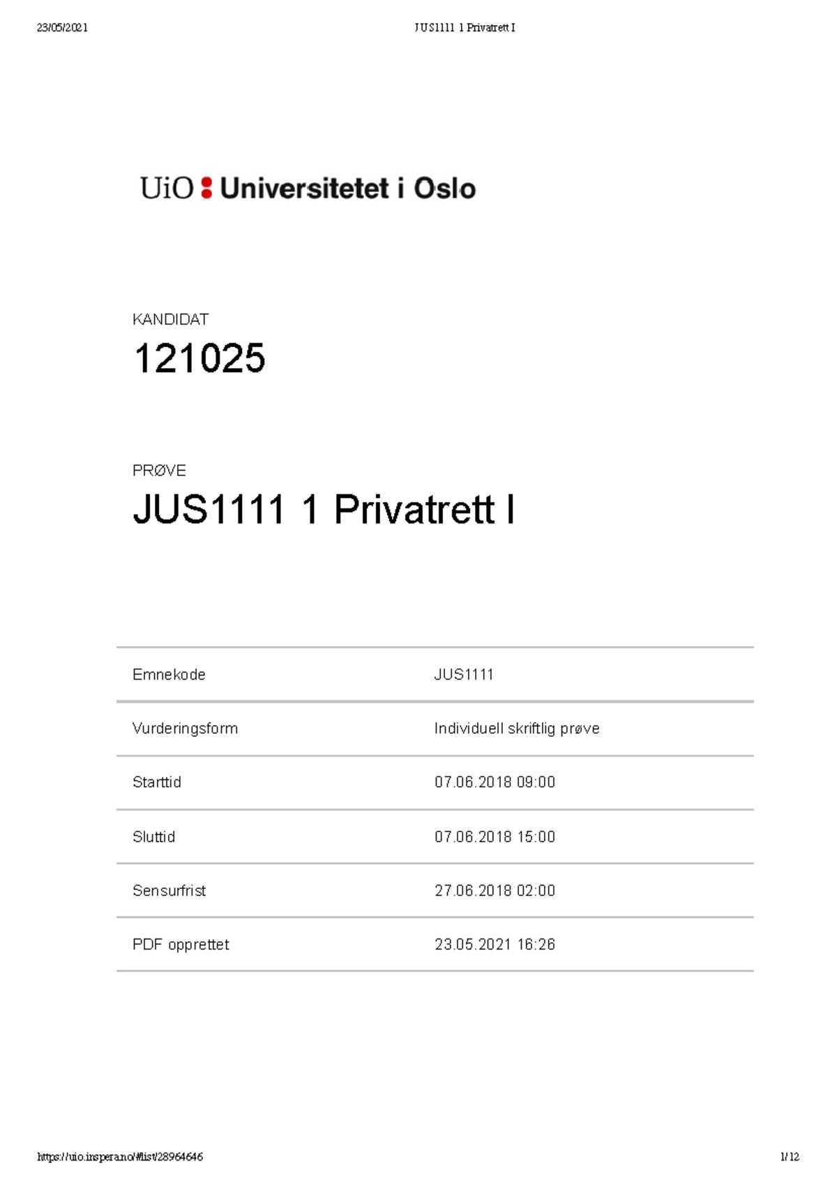 Inspera Assessment Privatrett 1 - Emnekode JUS Vurderingsform ...