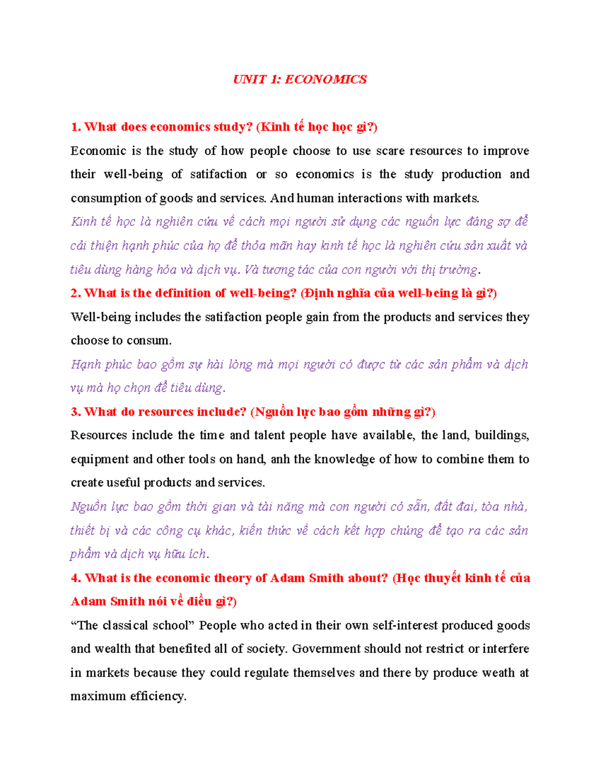 TA12345 t,anh UNIT 1 ECONOMICS 1. What does economics study? (Kinh